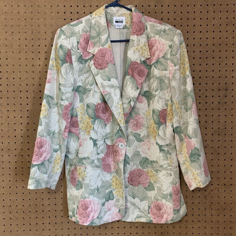 Leslie Fay Blazer 18 Cream Pink Floral Linen Blend Vintage 90s Sportswear Jacket